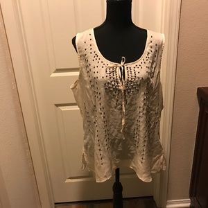Banana Republic Cream with Beading Sleeveless Sequins Tie Front Blouse